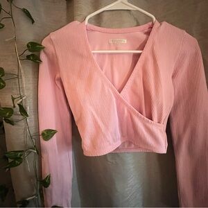 Pastel Pink Ribbed Wrap Top